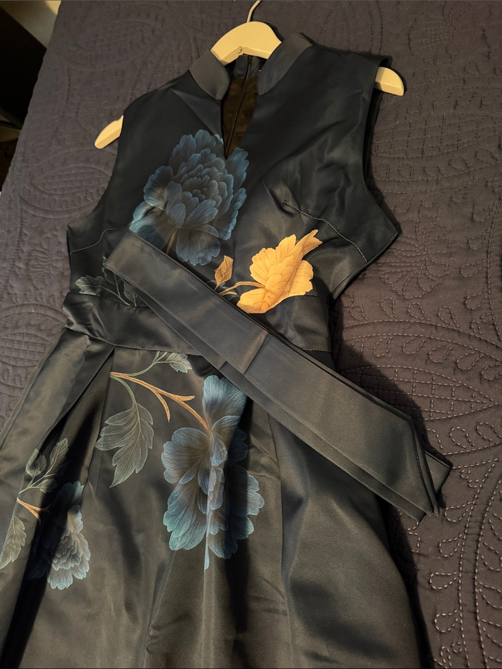 Navy Floral Satin Tie Waist Maxi Dress with Blue and Cream Peony Blooms - Picture 9 of 11